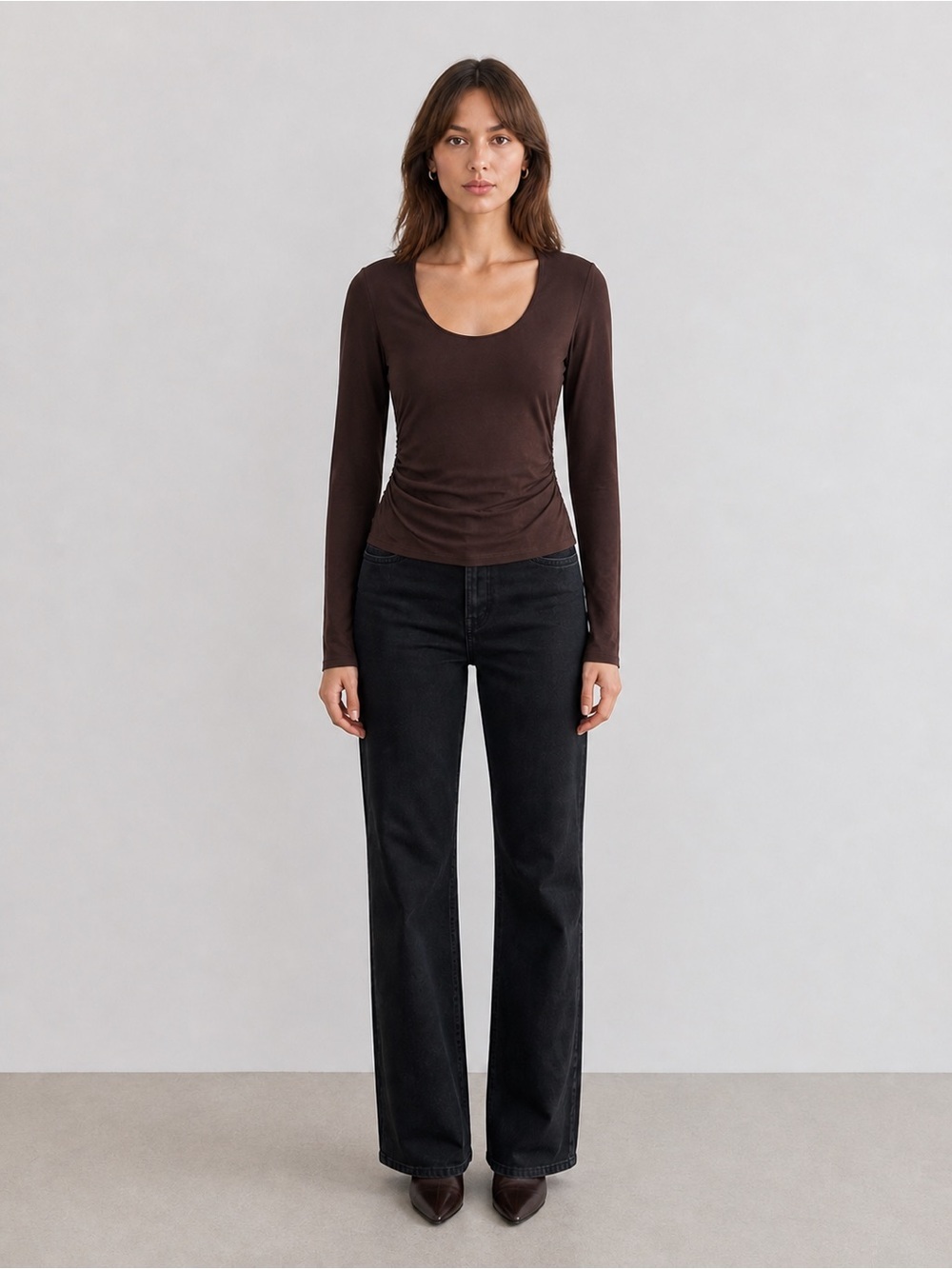 Ever New Long Sleeve Scoop Neck Top in Chocolate Brown ruched side NWT small